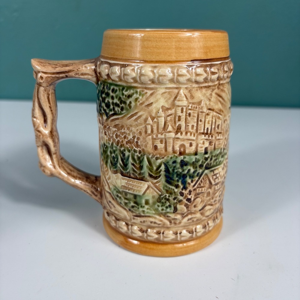 Vintage Japan Ceramic Beer Stein Mug Raised Relief Tavern Village Scene